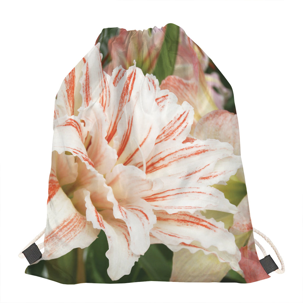 White And Pink Amaryllis Print Drawstring Bag