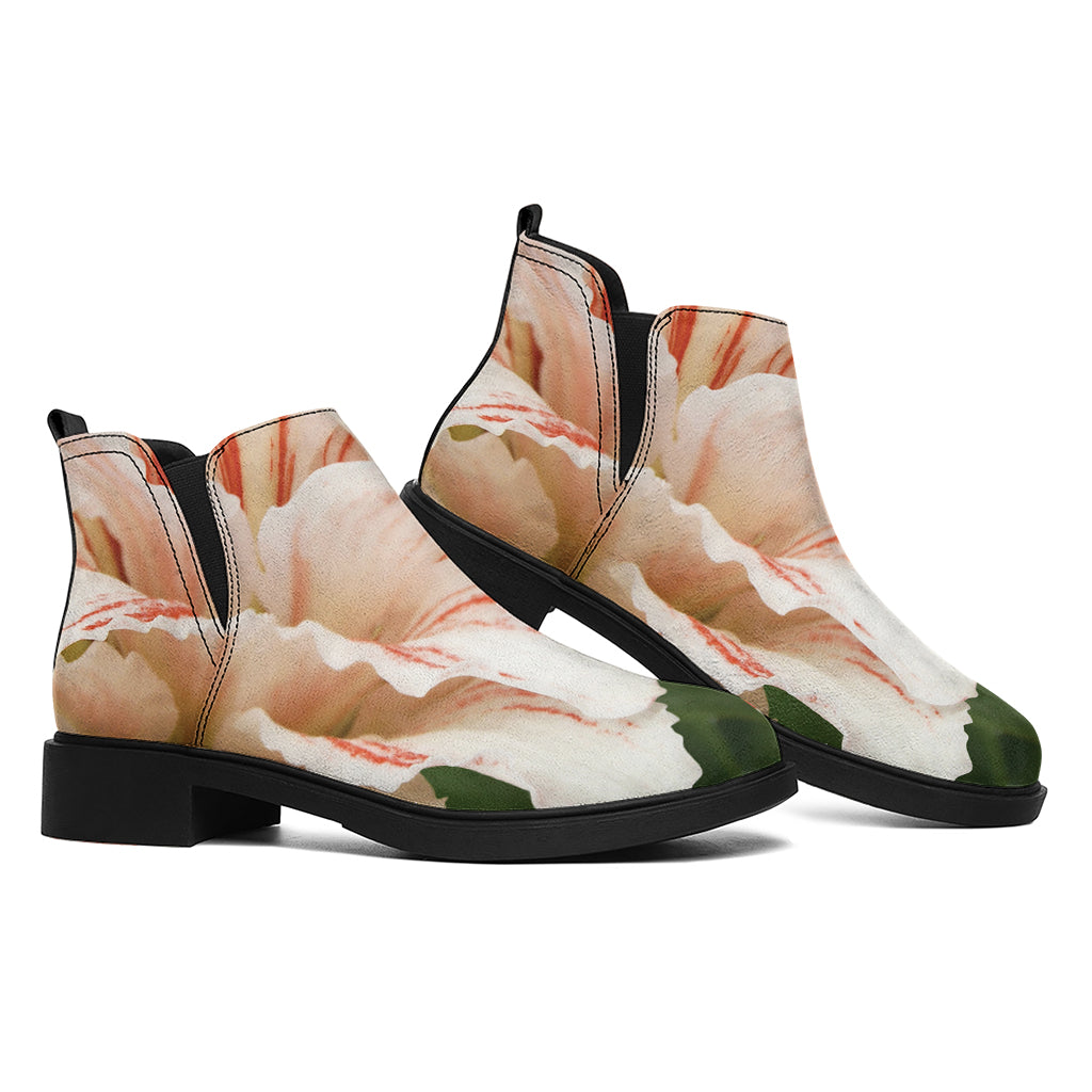 White And Pink Amaryllis Print Flat Ankle Boots
