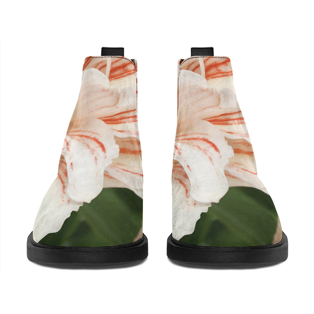 White And Pink Amaryllis Print Flat Ankle Boots