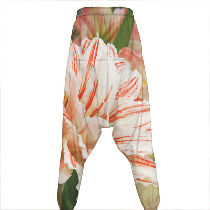 White And Pink Amaryllis Print Hammer Pants