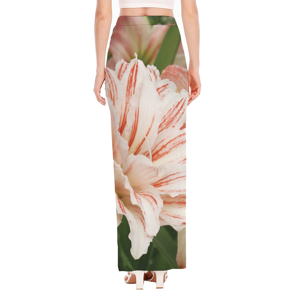 White And Pink Amaryllis Print High Slit Maxi Skirt