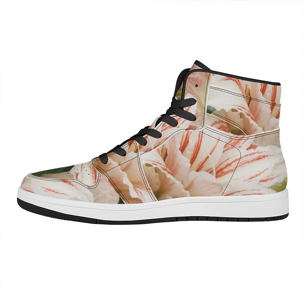 White And Pink Amaryllis Print High Top Leather Sneakers