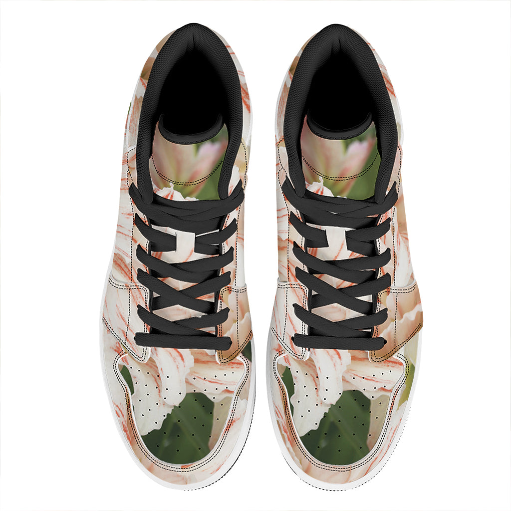 White And Pink Amaryllis Print High Top Leather Sneakers