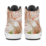 White And Pink Amaryllis Print High Top Leather Sneakers