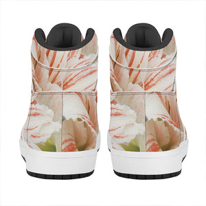 White And Pink Amaryllis Print High Top Leather Sneakers