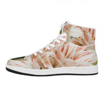 White And Pink Amaryllis Print High Top Leather Sneakers