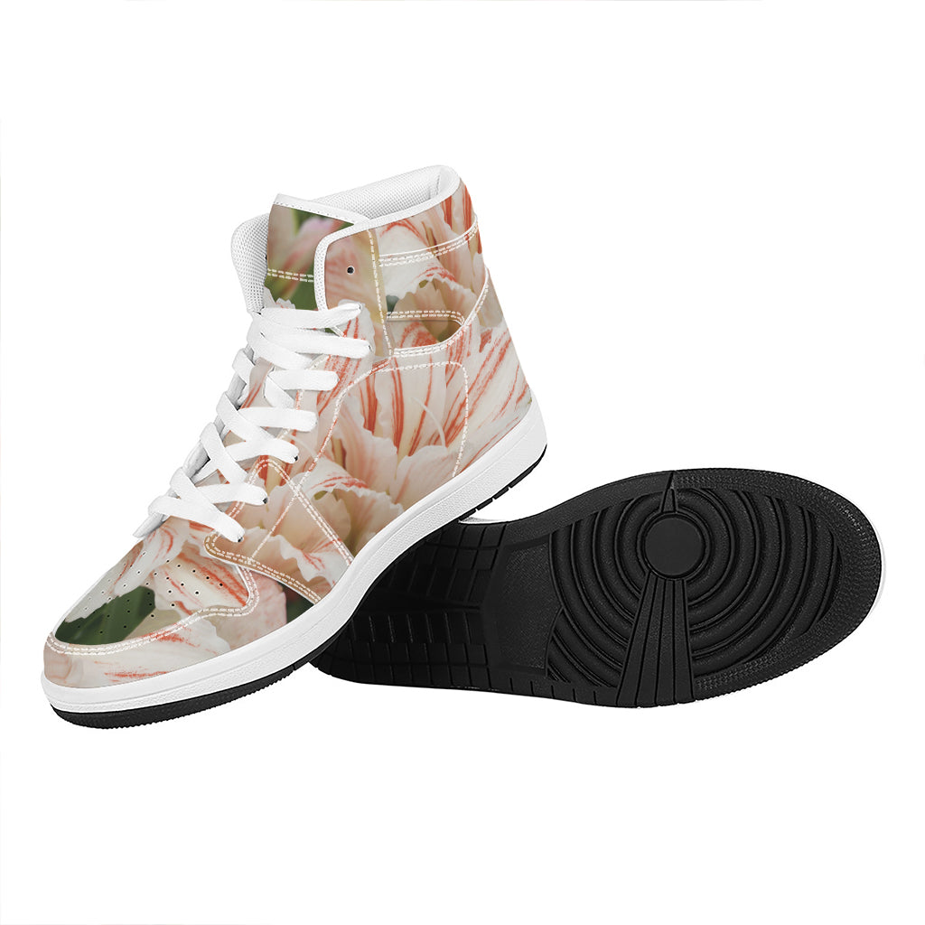 White And Pink Amaryllis Print High Top Leather Sneakers