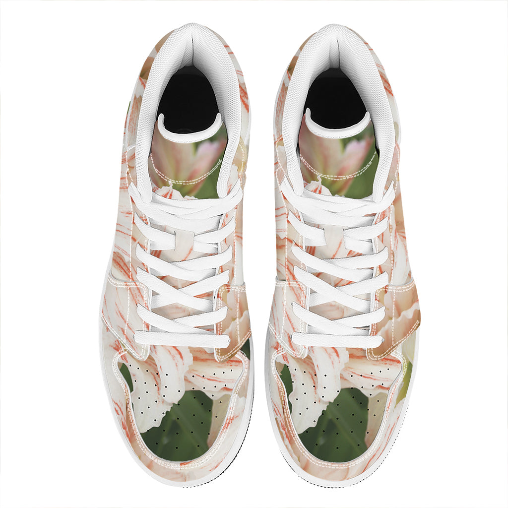 White And Pink Amaryllis Print High Top Leather Sneakers