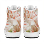 White And Pink Amaryllis Print High Top Leather Sneakers