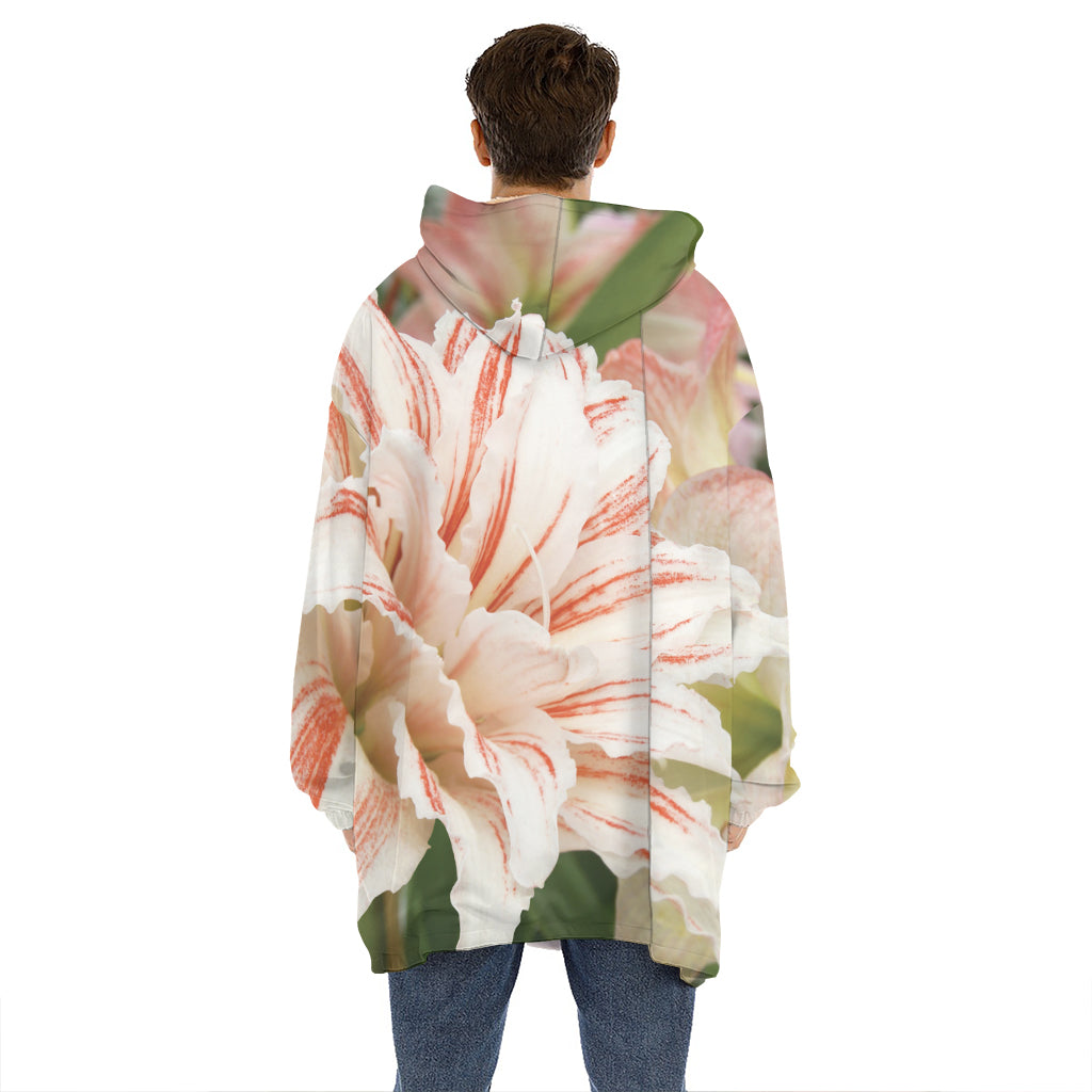 White And Pink Amaryllis Print Hoodie Blanket