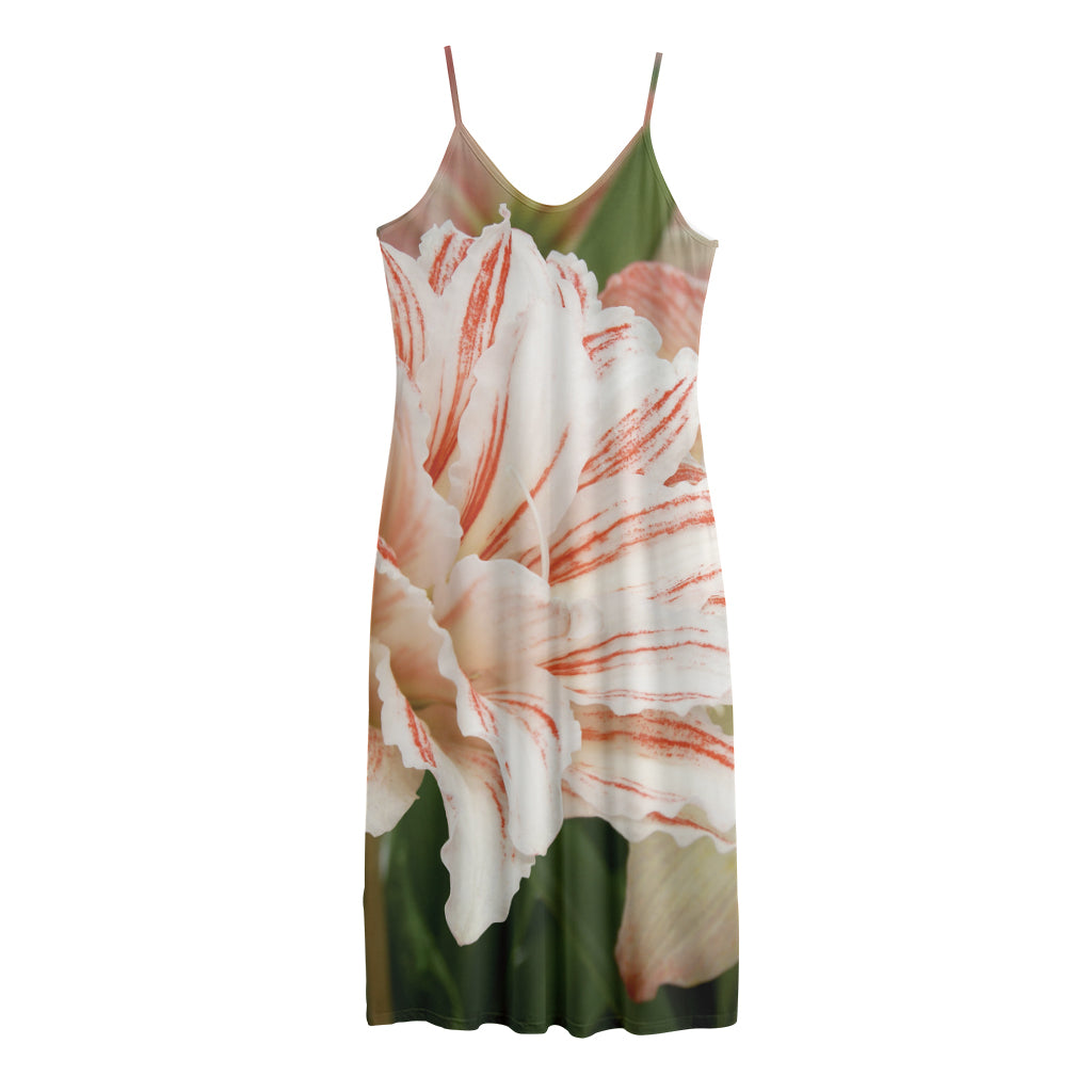 White And Pink Amaryllis Print Jersey Midi Cami Dress