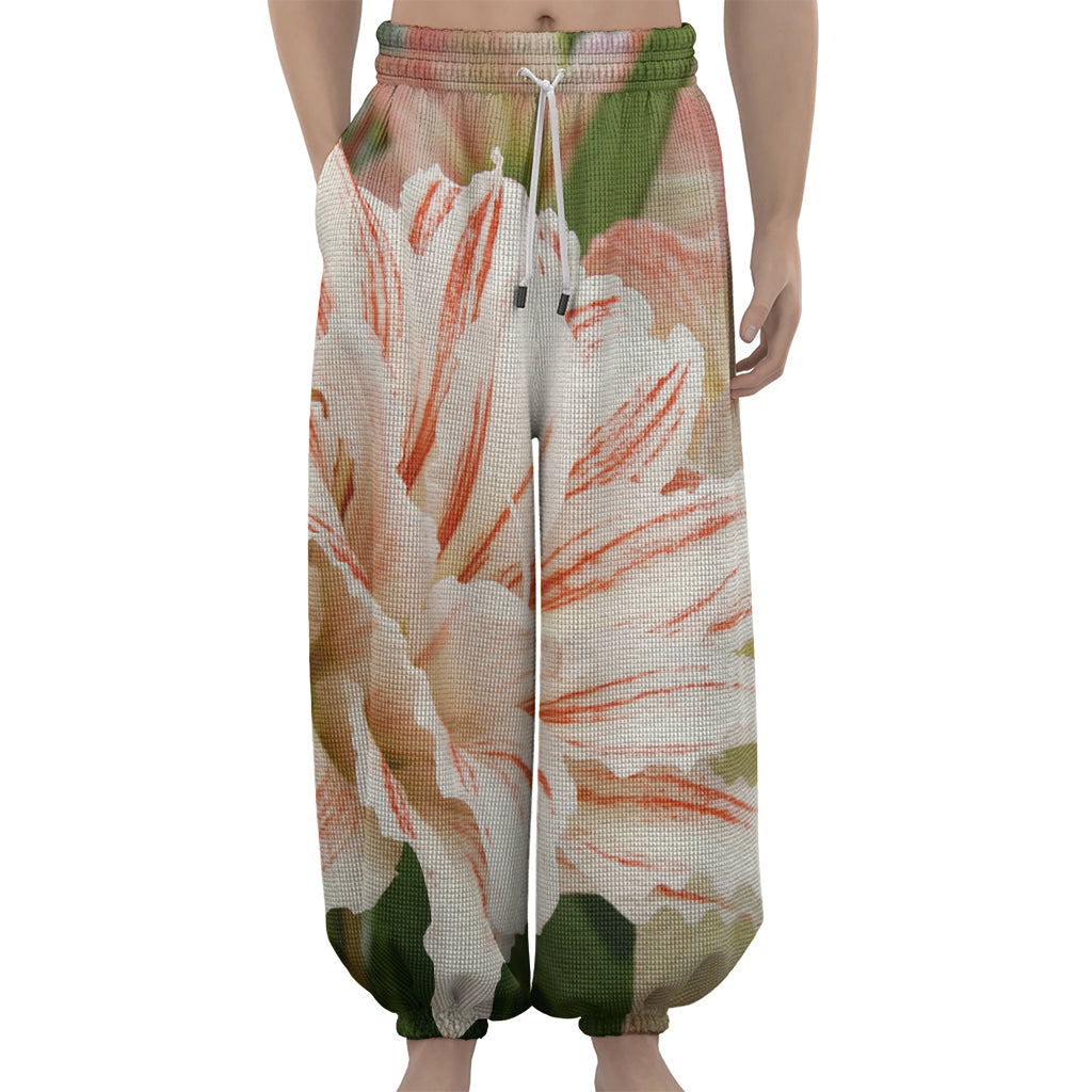 White And Pink Amaryllis Print Lantern Pants