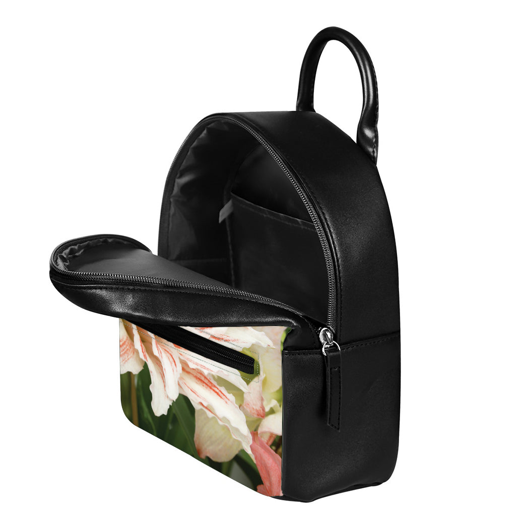 White And Pink Amaryllis Print Leather Backpack