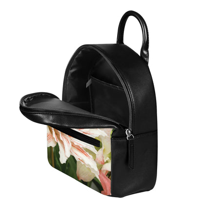 White And Pink Amaryllis Print Leather Backpack