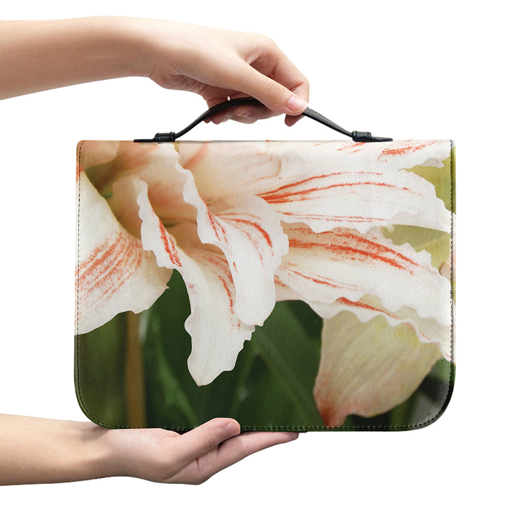 White And Pink Amaryllis Print Leather Bible Cover