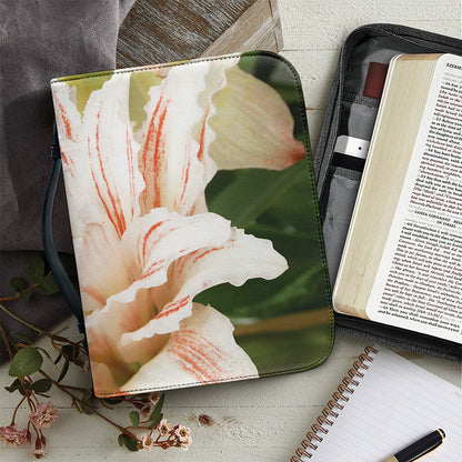 White And Pink Amaryllis Print Leather Bible Cover