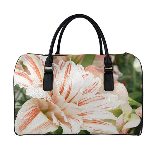 White And Pink Amaryllis Print Leather Duffle Bag
