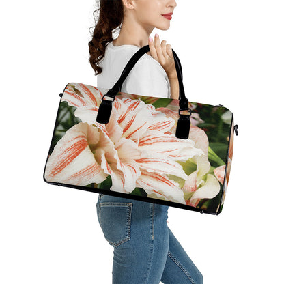 White And Pink Amaryllis Print Leather Duffle Bag