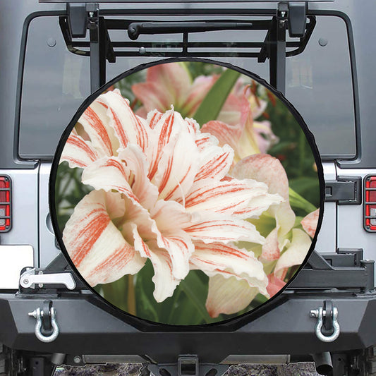 White And Pink Amaryllis Print Leather Spare Tire Cover