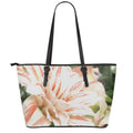 White And Pink Amaryllis Print Leather Tote Bag With Zipper