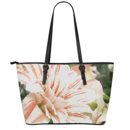 White And Pink Amaryllis Print Leather Tote Bag