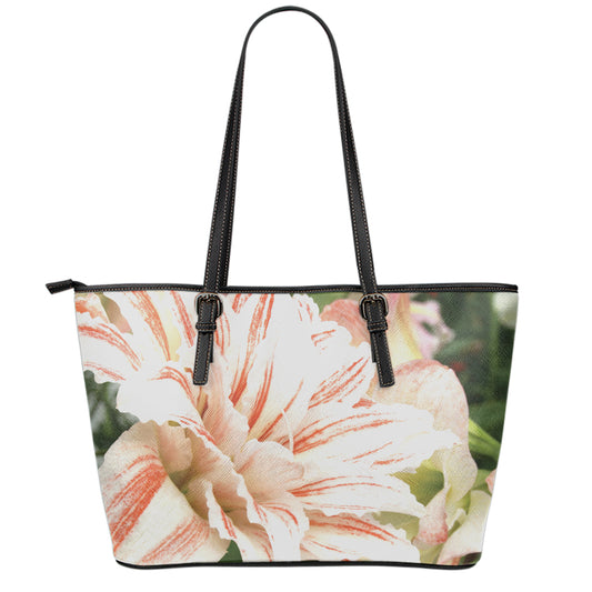 White And Pink Amaryllis Print Leather Tote Bag