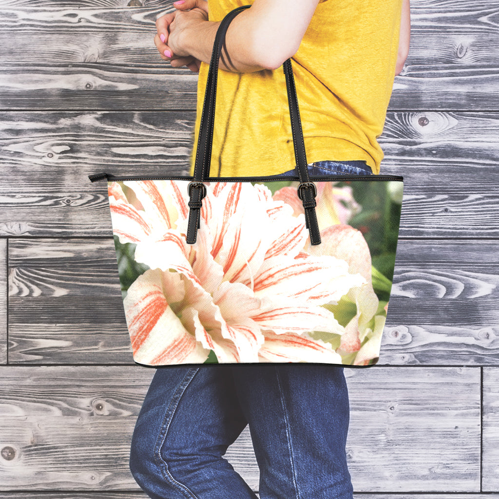 White And Pink Amaryllis Print Leather Tote Bag