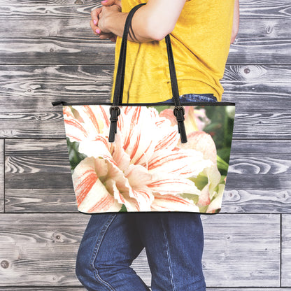 White And Pink Amaryllis Print Leather Tote Bag
