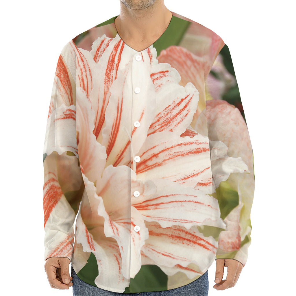 White And Pink Amaryllis Print Long Sleeve Baseball Jersey