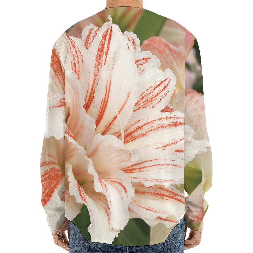 White And Pink Amaryllis Print Long Sleeve Baseball Jersey