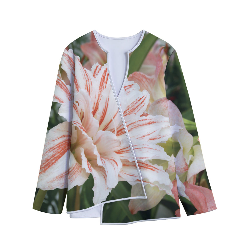 White And Pink Amaryllis Print Long Sleeve Short Coat