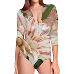 White And Pink Amaryllis Print Long Sleeve Swimsuit