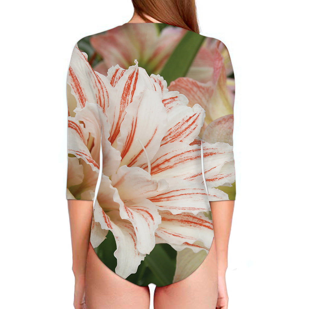 White And Pink Amaryllis Print Long Sleeve Swimsuit