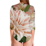 White And Pink Amaryllis Print Long Sleeve Swimsuit