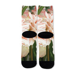 White And Pink Amaryllis Print Long Socks