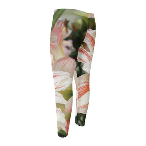 White And Pink Amaryllis Print Men's Compression Pants