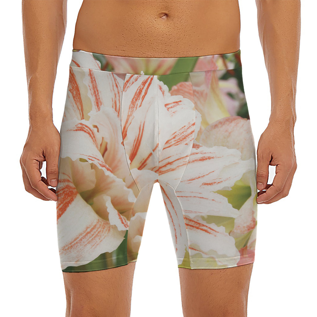 White And Pink Amaryllis Print Men's Long Boxer Briefs