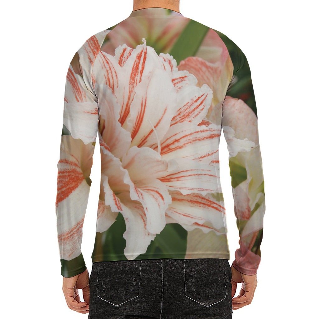 White And Pink Amaryllis Print Men's Long Sleeve Rash Guard