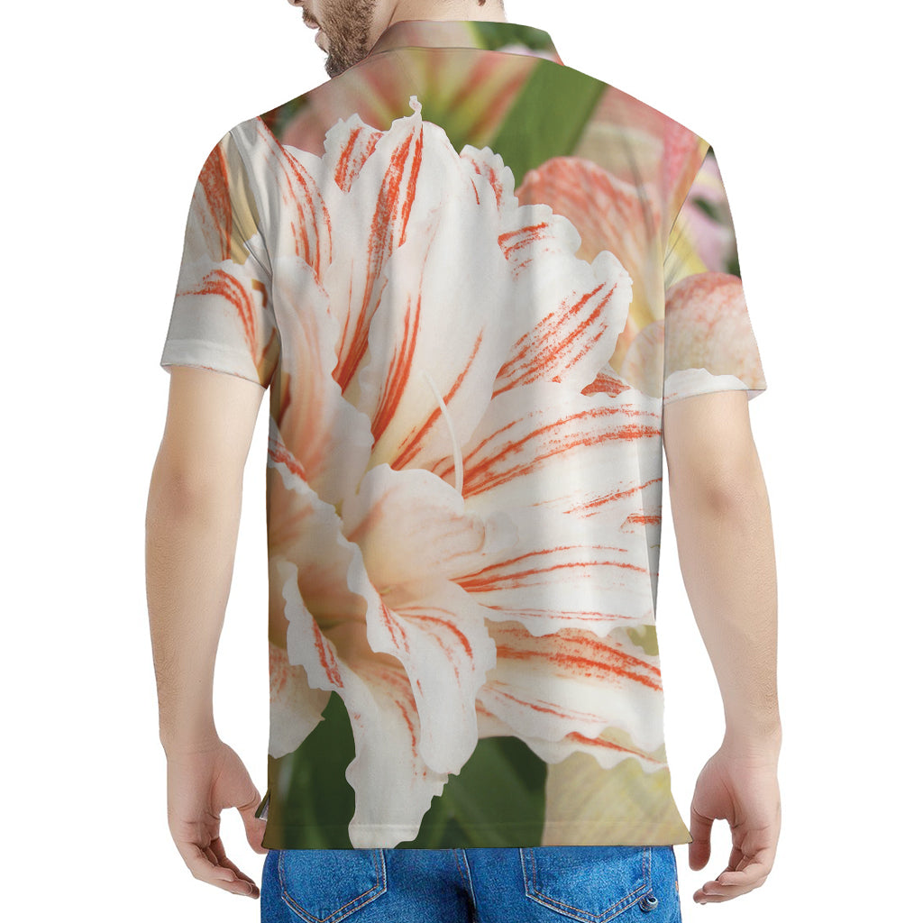 White And Pink Amaryllis Print Men's Polo Shirt