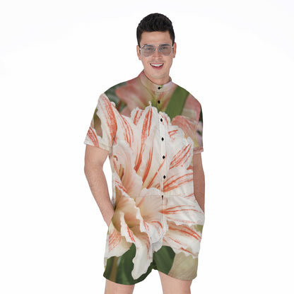 White And Pink Amaryllis Print Men's Rompers