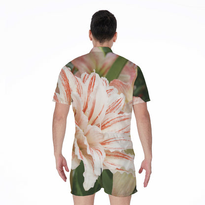 White And Pink Amaryllis Print Men's Rompers