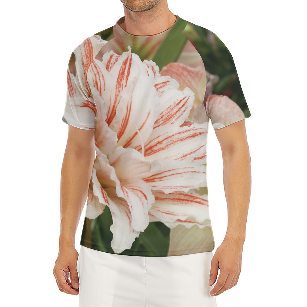 White And Pink Amaryllis Print Men's Short Sleeve Rash Guard