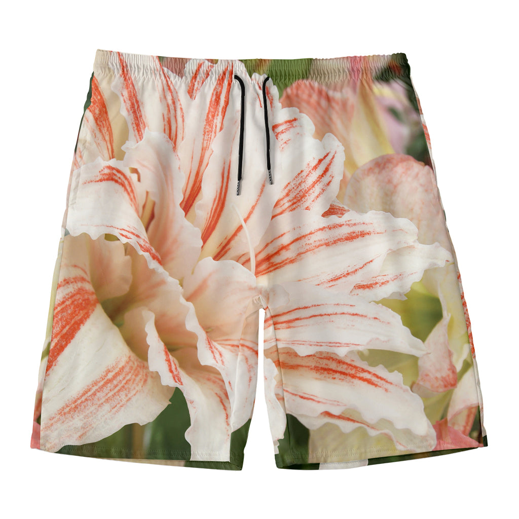 White And Pink Amaryllis Print Men's Swim Trunks