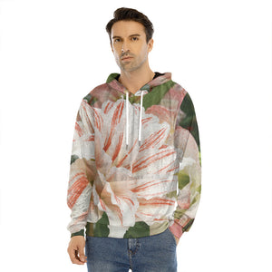 White And Pink Amaryllis Print Men's Velvet Pullover Hoodie