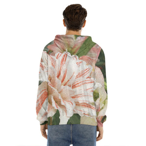 White And Pink Amaryllis Print Men's Velvet Pullover Hoodie