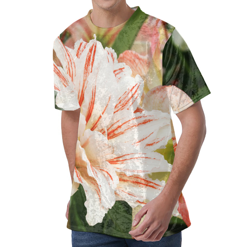 White And Pink Amaryllis Print Men's Velvet T-Shirt