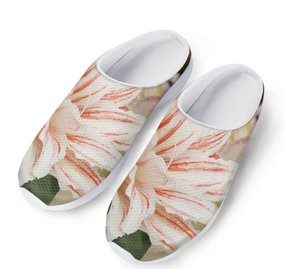 White And Pink Amaryllis Print Mesh Casual Shoes