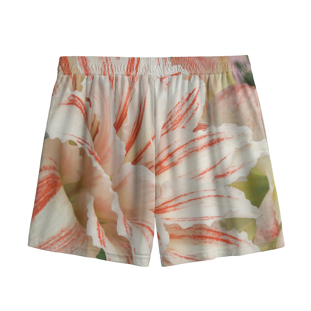 White And Pink Amaryllis Print Mesh Shorts