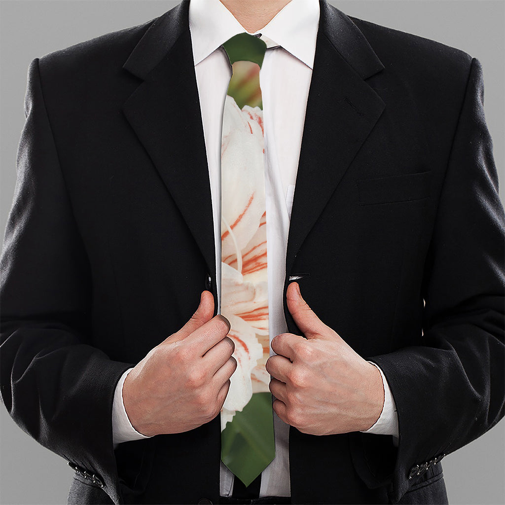 White And Pink Amaryllis Print Necktie