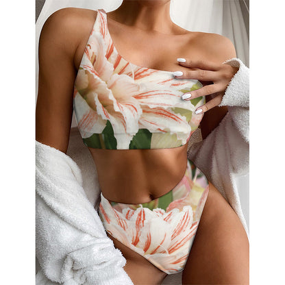 White And Pink Amaryllis Print One Shoulder Bikini Top